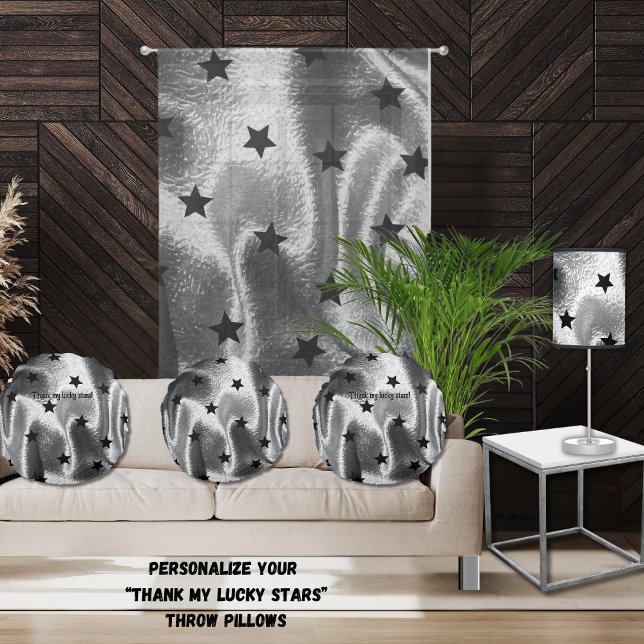 Chic "Tack mina Lucky Stars" Grått Black Star Cott Rund Kudde (Minimalist and elegant bold black stars and silver background round, cotton  accent throw pillows)