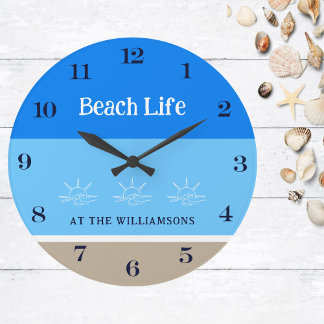Chic Tan Blue Rand Family Namn Beach House Stor Klocka