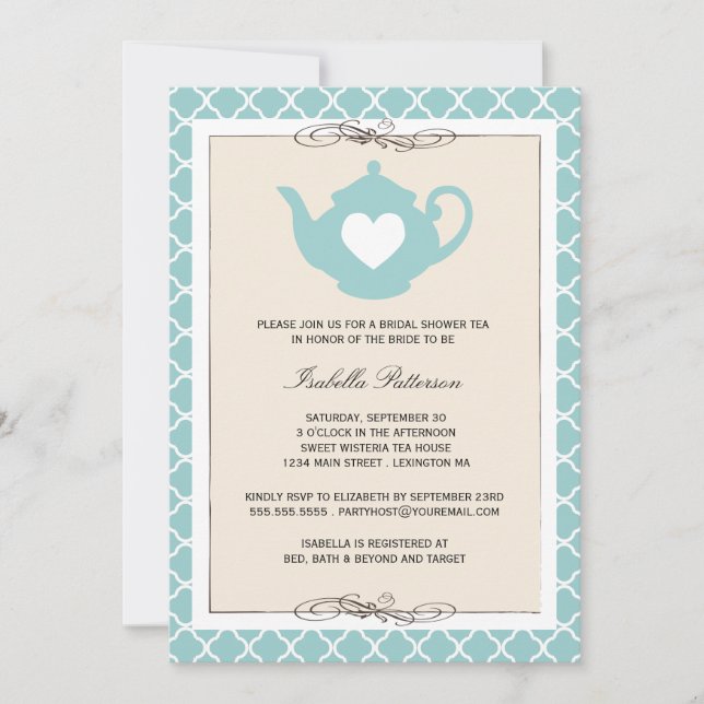 Chic Tan & Teal Tekanna Möhippa Tea Party Inbjudningar (Framsida)