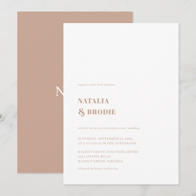 Chic Tan White Wedding-inbjudan Inbjudningar (Fram/baksida)