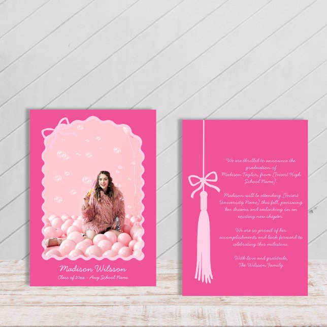 Chic Tassel Bow Rosa Grad Photo 2025 Studenten Meddelande (Chic Tassel Bow Pink Grad Photo 2025 Graduation Announcement)