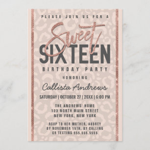 Chic Taupe Rosa ros Guld Glitter Cheetah Sweet 16 Inbjudningar
