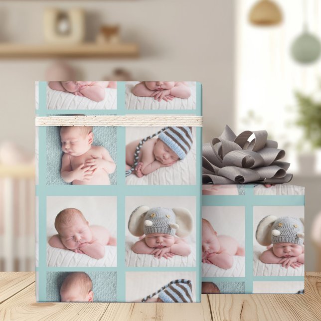 Chic Teal 4 Baby Photo Collage Anpassningsbar Birt Presentpapper (Skapare uppladdad)