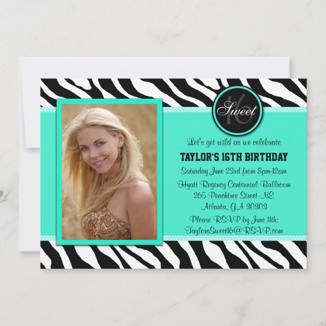 Chic Teal and Black Zebra tryck Photo Inbjudan (Framsida)