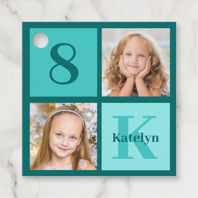 Chic Teal Birthday Party Custom Photo Collage Gåvor Etiketter (Framsida)