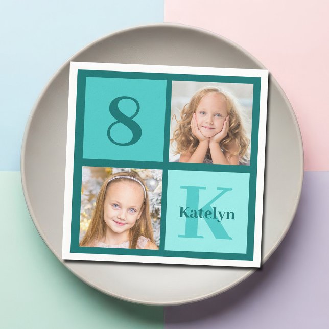 Chic Teal Birthday Party Custom Photo Collage Pappersservett (Skapare uppladdad)