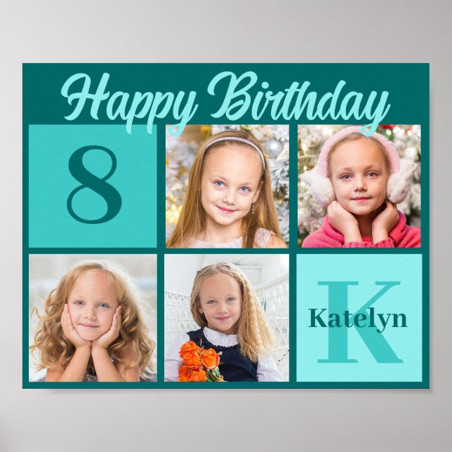 Chic Teal Birthday Party Custom Photo Collage Poster (Framsidan)