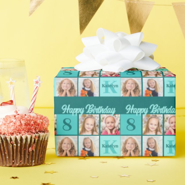 Chic Teal Birthday Party Custom Photo Collage Presentpapper (Födelsedagsfest)