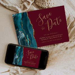 Chic Teal Blå Guld Agat Burgunder Räkna Med Datum Inbjudningar