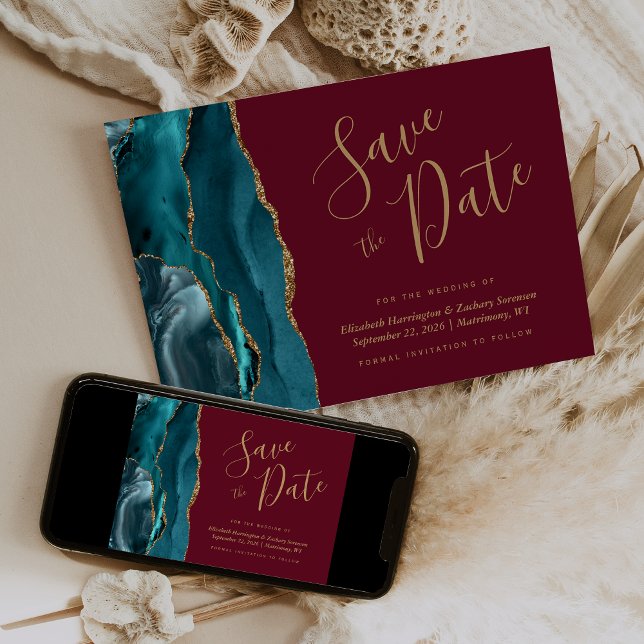 Chic Teal Blå Guld Agat Burgunder Räkna Med Datum Inbjudningar (Skapare uppladdad)