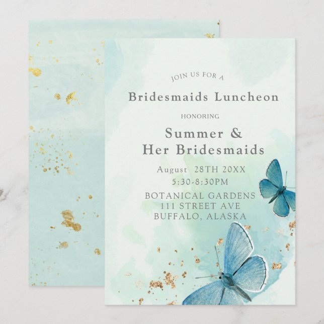 Chic Teal Blue Butterflies Bridesmaids Luncheon Inbjudningar (Fram/baksida)