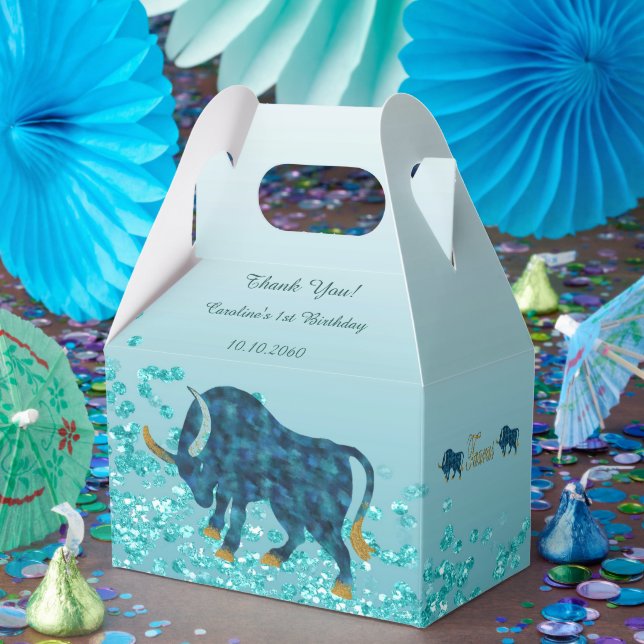 Chic Teal Blue Glitter Guld Taurus Zodiac Birthday Presentaskar (Part)