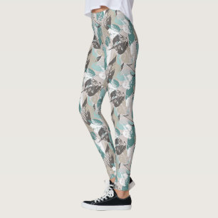 Chic Teal Blue Grönt Taupe Brown Löv Mönster Leggings