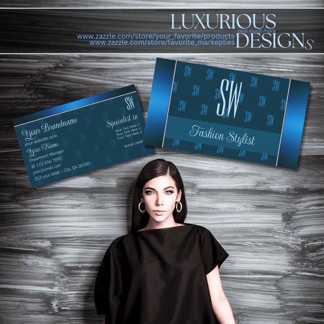 Chic Teal Blue med Initialer Mönster Professionell Visitkort (Skapare uppladdad)