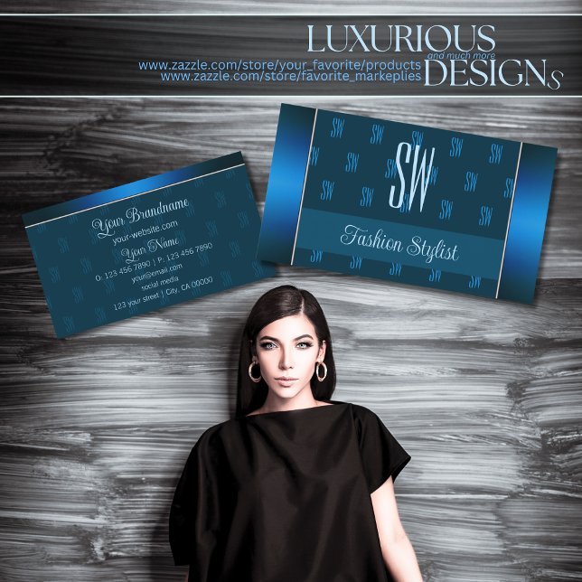 Chic Teal Blue med Monogram Mönster Professionell Visitkort (Skapare uppladdad)