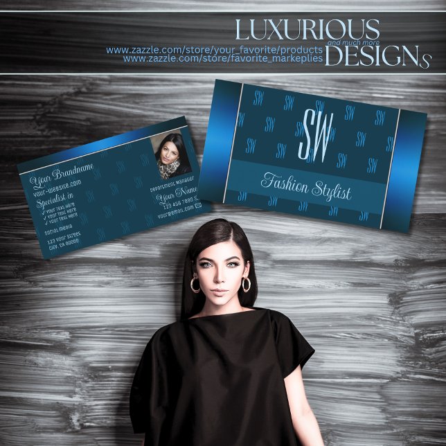 Chic Teal Blue med Photo och Monogram Mönster Visitkort (Skapare uppladdad)