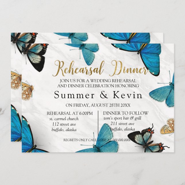 Chic Teal Blue Payed Butterfly Rehearsal Middag Inbjudningar (Fram/baksida)