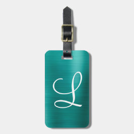 Chic Teal Brushed Metall White Monogram Bagagebricka