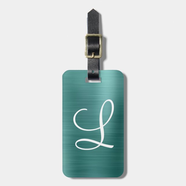 Chic Teal Brushed Metall White Monogram Bagagebricka (Vertikal Framsida)