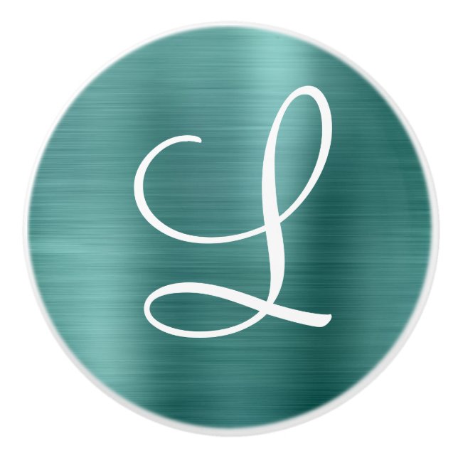 Chic Teal Brushed Metall White Monogram Knopp (Framsidan)