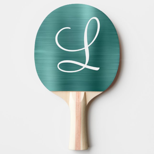 Chic Teal Brushed Metall White Monogram Pingisracket (Framsidan)