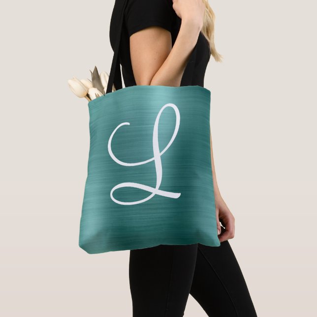 Chic Teal Brushed Metall White Monogram Tygkasse (Närbild)