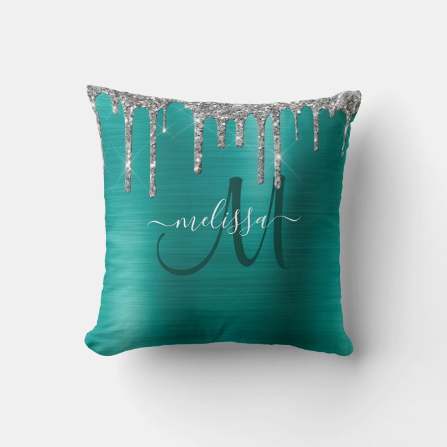 Chic Teal Brushed Metallic Silver Glitter Drives Kudde (Framsida)
