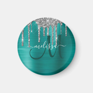 Chic Teal Brushed Metallic Silver Glitter Drives Magnet