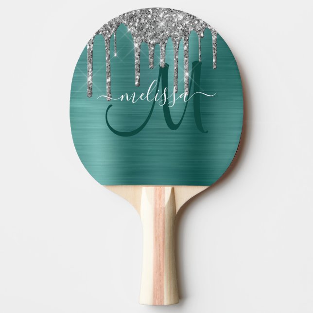 Chic Teal Brushed Metallic Silver Glitter Drives Pingisracket (Framsidan)