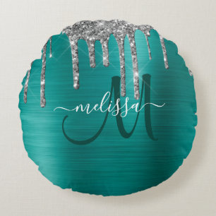 Chic Teal Brushed Metallic Silver Glitter Drives Rund Kudde