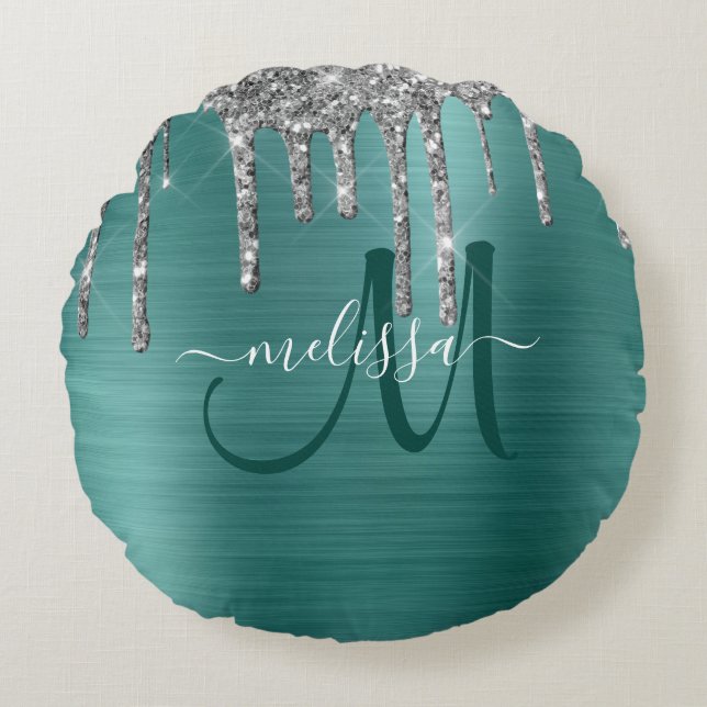 Chic Teal Brushed Metallic Silver Glitter Drives Rund Kudde (Framsidan)