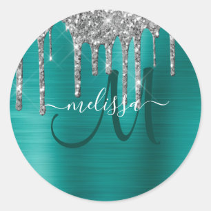 Chic Teal Brushed Metallic Silver Glitter Drives Runt Klistermärke