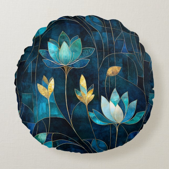 Chic teal chrysanthemum rund kudde (Framsidan)