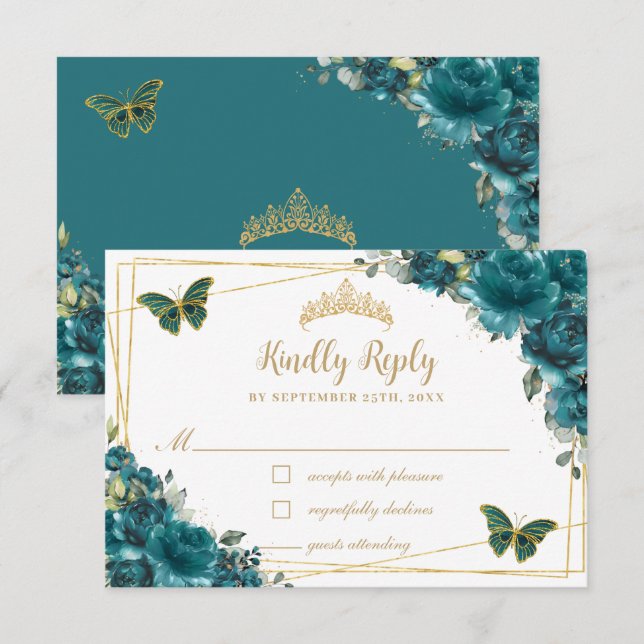 Chic Teal Cyan Blommigt Guld Butterflies Quinceañe OSA Kort (Fram/baksida)