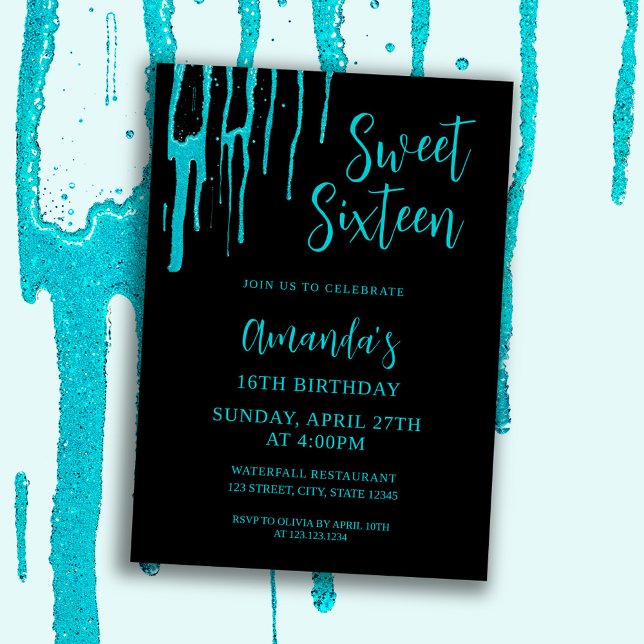 Chic Teal Glitter Drips Sweet 16 Birthday Inbjudningar (Skapare uppladdad)