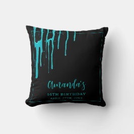 Chic Teal Glitter Drips Sweet 16 Birthday Kudde
