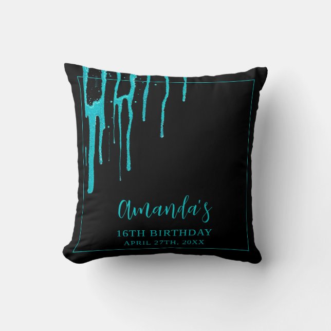 Chic Teal Glitter Drips Sweet 16 Birthday Kudde (Framsida)