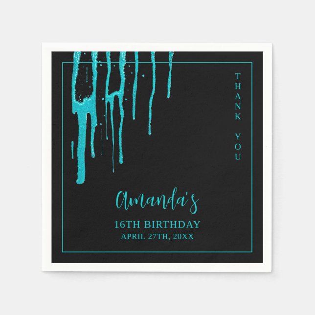 Chic Teal Glitter Drips Sweet 16 Birthday Pappersservett (Framsidan)