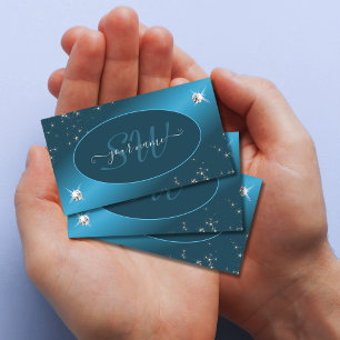 Chic Teal Gradient Glitter Stars Diamonds Monogram Visitkort