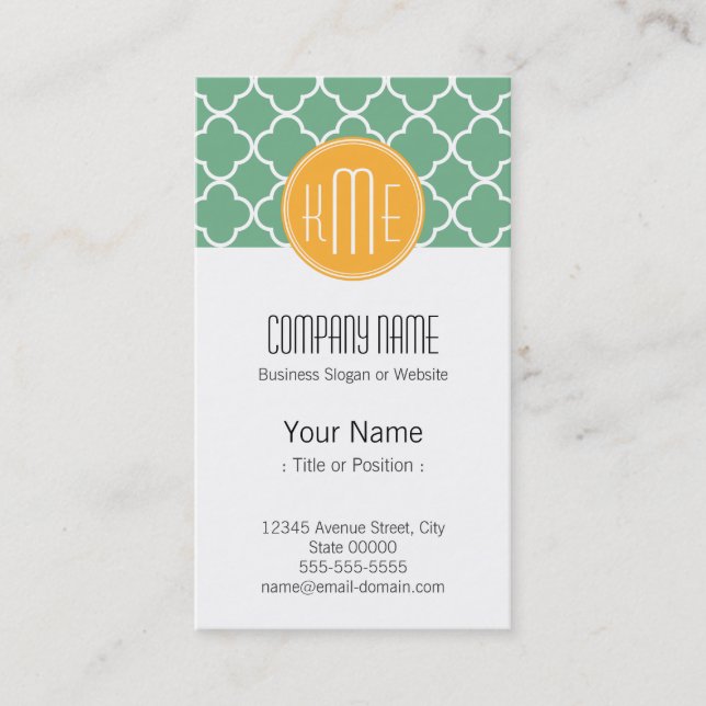 Chic Teal Grönt Quatrefoil med Gult Monogram Visitkort (Framsida)