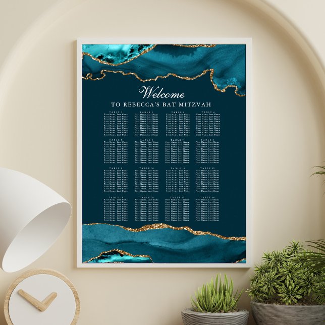 Chic Teal Guld Agat Sittplatskarta Poster (Skapare uppladdad)