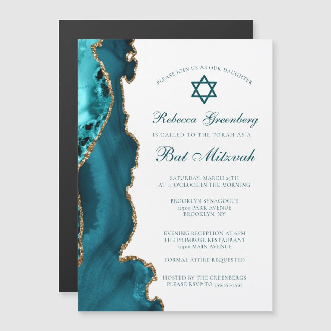 Chic teal guld Agate Bat Mitzvah-fest Magnetisk Inbjudningskort (Fram/baksida)