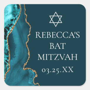 Chic Teal Guld Agate Bat mitzvah Party Fyrkantigt Klistermärke
