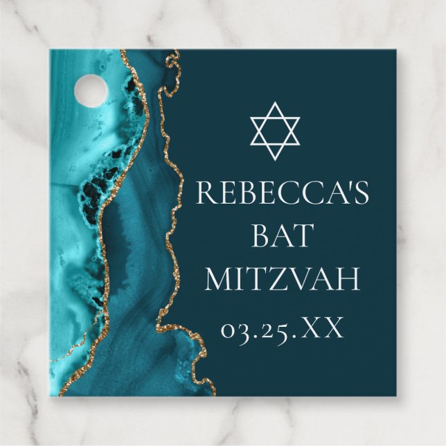 Chic Teal Guld Agate Bat mitzvah Party Gåvor Etiketter (Framsida)