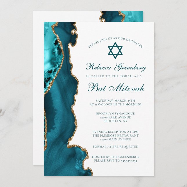 Chic Teal Guld Agate Bat mitzvah Party Inbjudningar (Fram/baksida)