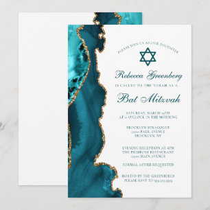 Chic Teal Guld Agate Bat mitzvah Party Inbjudningar