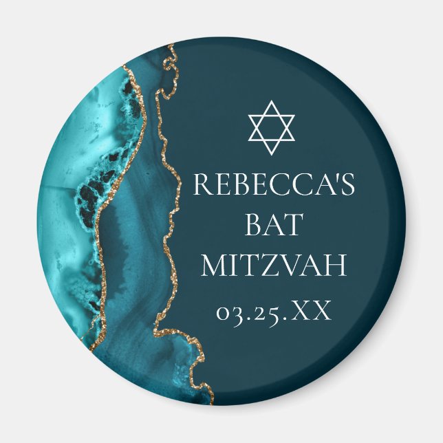 Chic Teal Guld Agate Bat mitzvah Party Magnet (Framsidan)