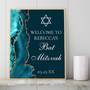 Chic Teal Guld Agate Bat mitzvah Party Välkommen Poster