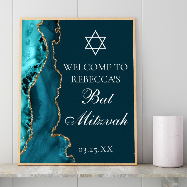 Chic Teal Guld Agate Bat mitzvah Party Välkommen Poster (Skapare uppladdad)