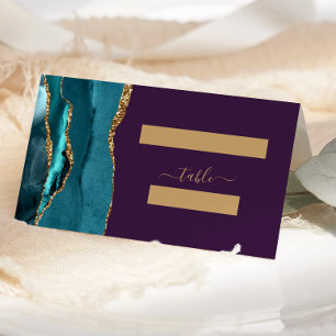 Chic Teal Guld Agate Lila Bröllop Placeringskort